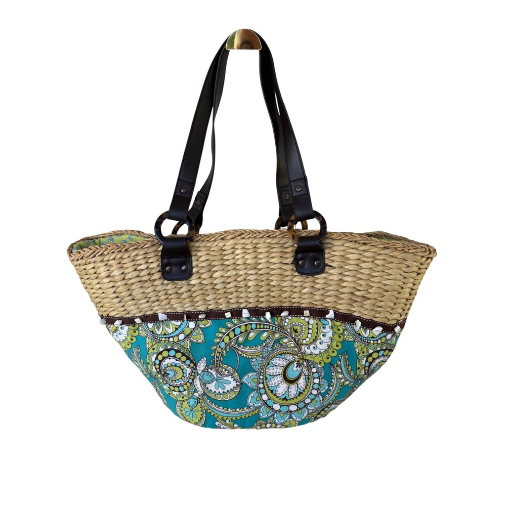 Vera Bradley Tote Womens Large Teal Green Excellent Woven‎ Straw Paisley Shell